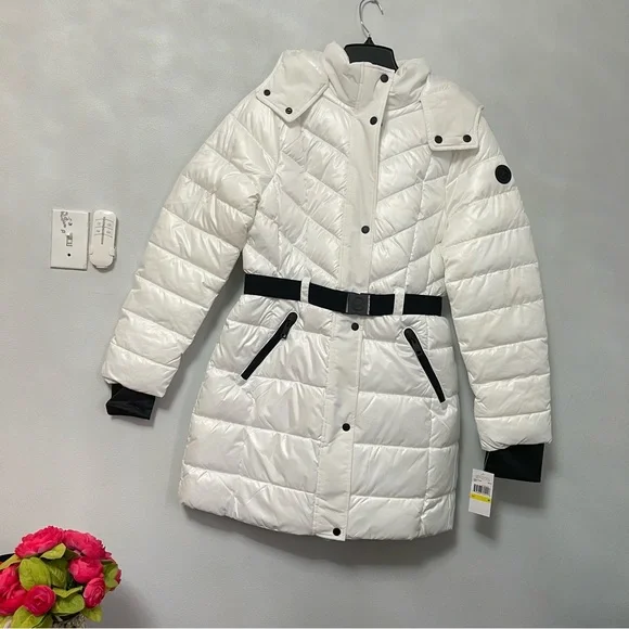 Michael Kors Hooded Puffer Jacket In White W/ Black Details New - Duplicate